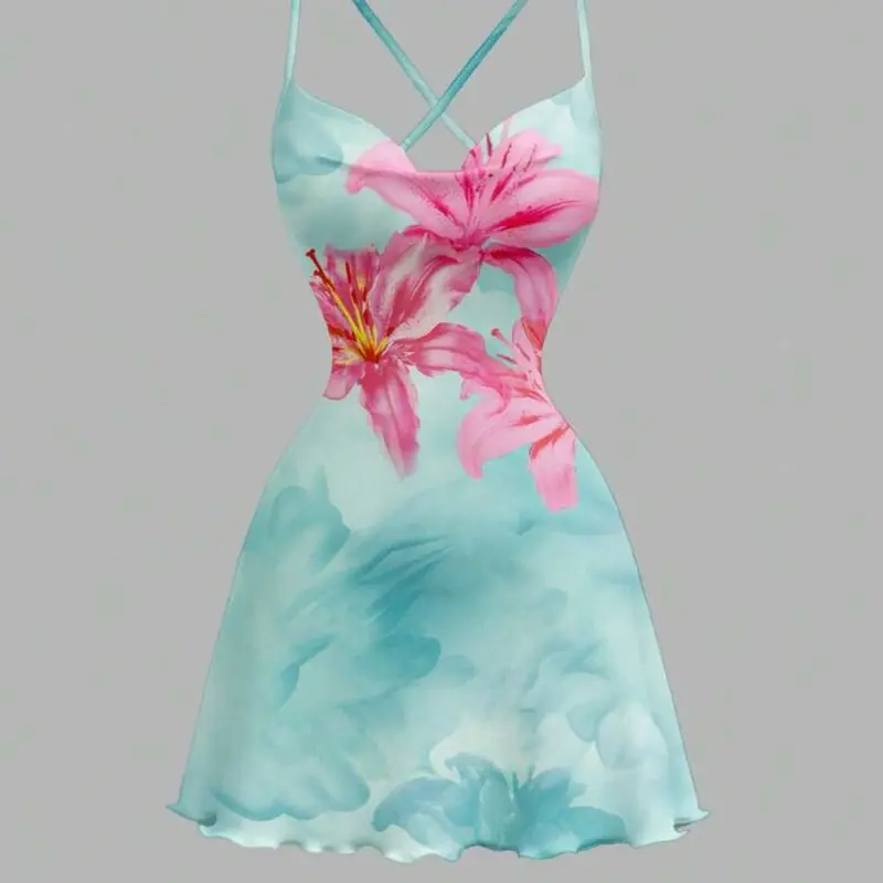 Women's Floral Summer Spaghetti Strap Short Dress, Casual Pink Green Floral Print Holiday Vacation Beach Dress