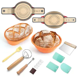 Banneton Bread Proofing Basket Set - 10 Inch Oval & 9 Inch Round Foldable Silicone Proofing Bowls For Sourdough Bread With Silicone Bread Sling, Danish Dough Whisk, Bread Lame, Dough Scraper