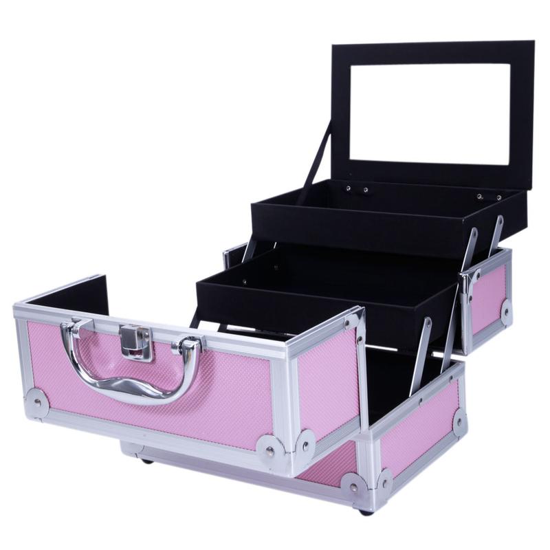 Aluminum Makeup Train Case Jewelry Box with Mirror Pink Lockable Handle Accordion Style Fold Out Compartments Compact Design Travel Essentials
