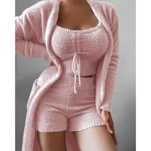 2025 New Women's Plush Three-piece Set Lace-up Pajamas Set Casual Set Loungewear Wide Leg Outfit