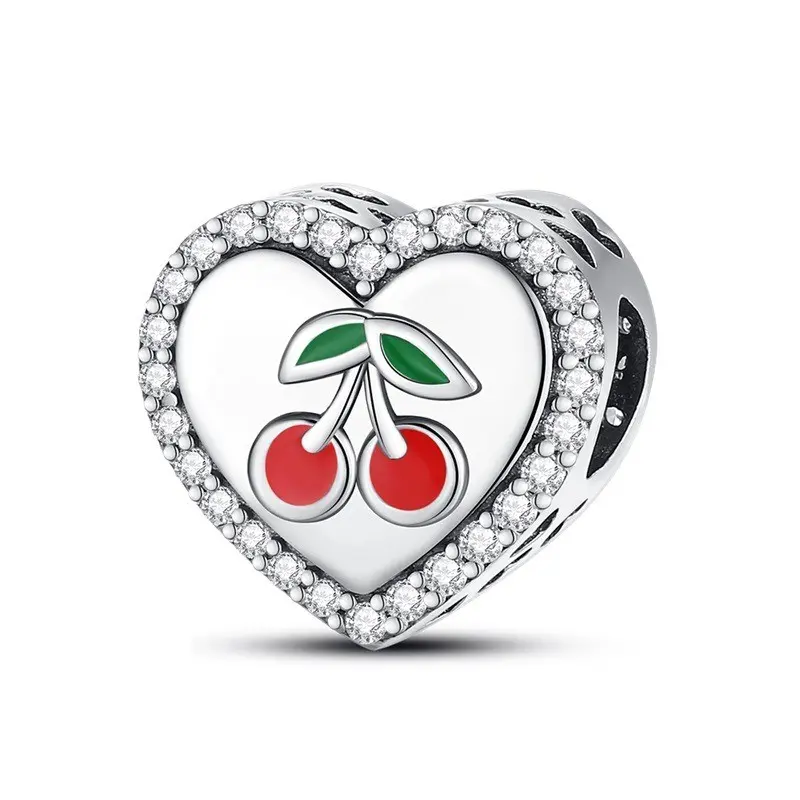 S925 Sterling Silver Cherry Heart Charm, Cute Fruit Motif DIY Pendant for Bracelets, Hypoallergenic Jewelry for Women, Anniversary Birthday Gift