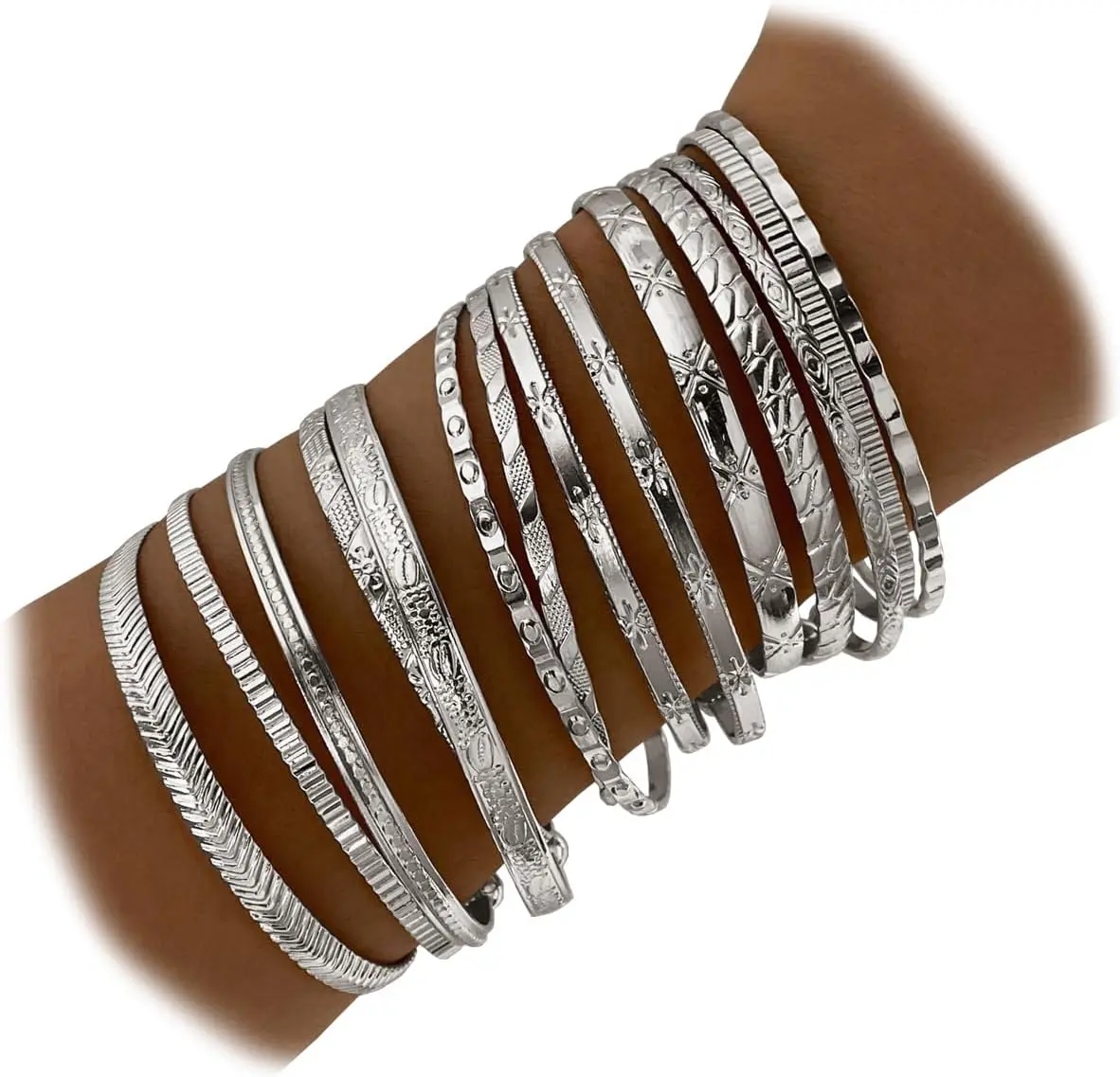 Gold Bangles Bracelets For Women, 14k Gold Plated Multi Layer Stackable Open Bracelet Set, Elegance Trendy Charms Non Tarnish Minimalist Textured Boho Jewelry Gift for Women