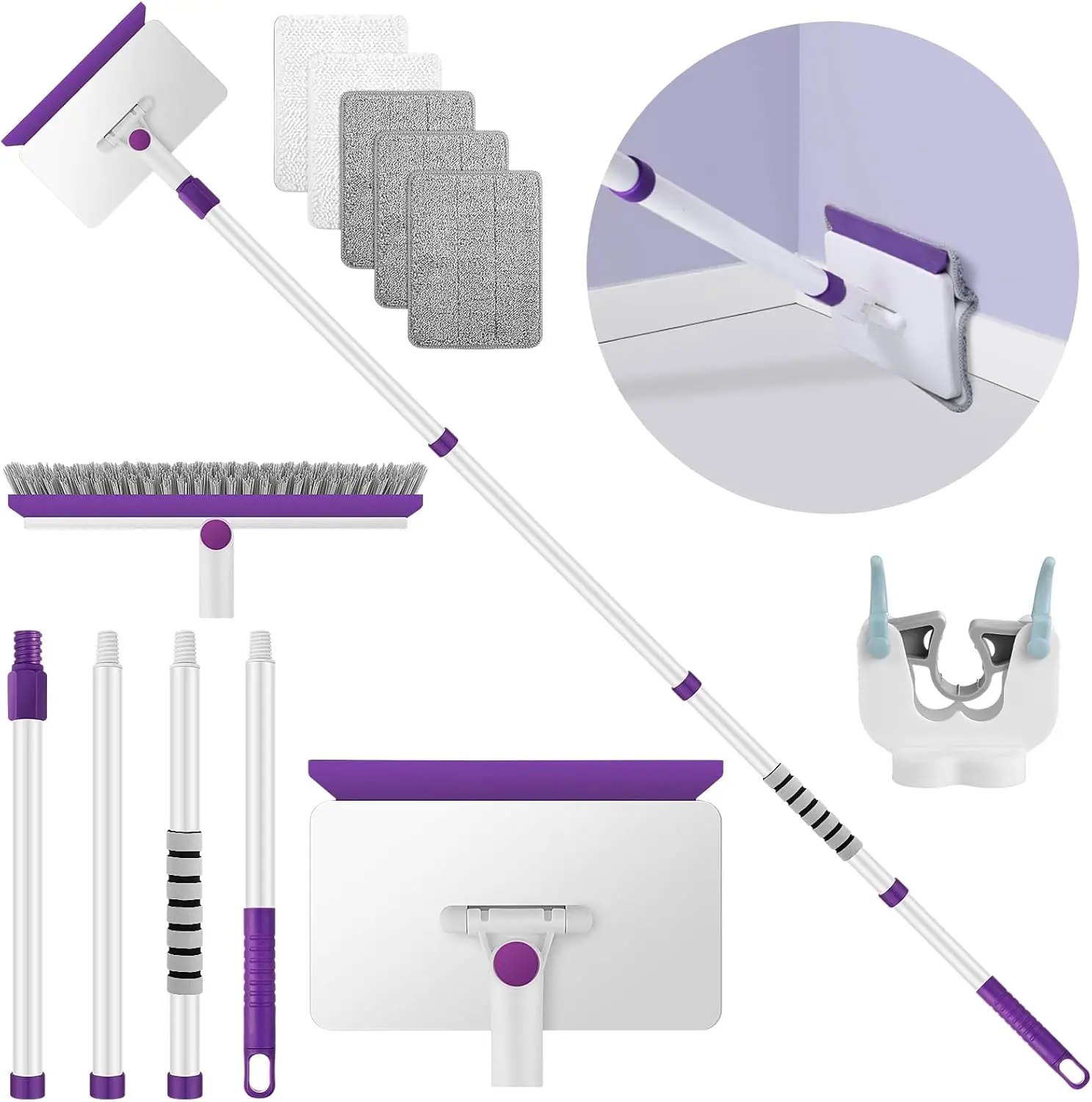 Extendable Baseboard Cleaner 60 Inch Handle Wall Floor Ceiling Mop with Reusable Microfiber Pads for Easy Cleaning of Corners and Tight Spaces