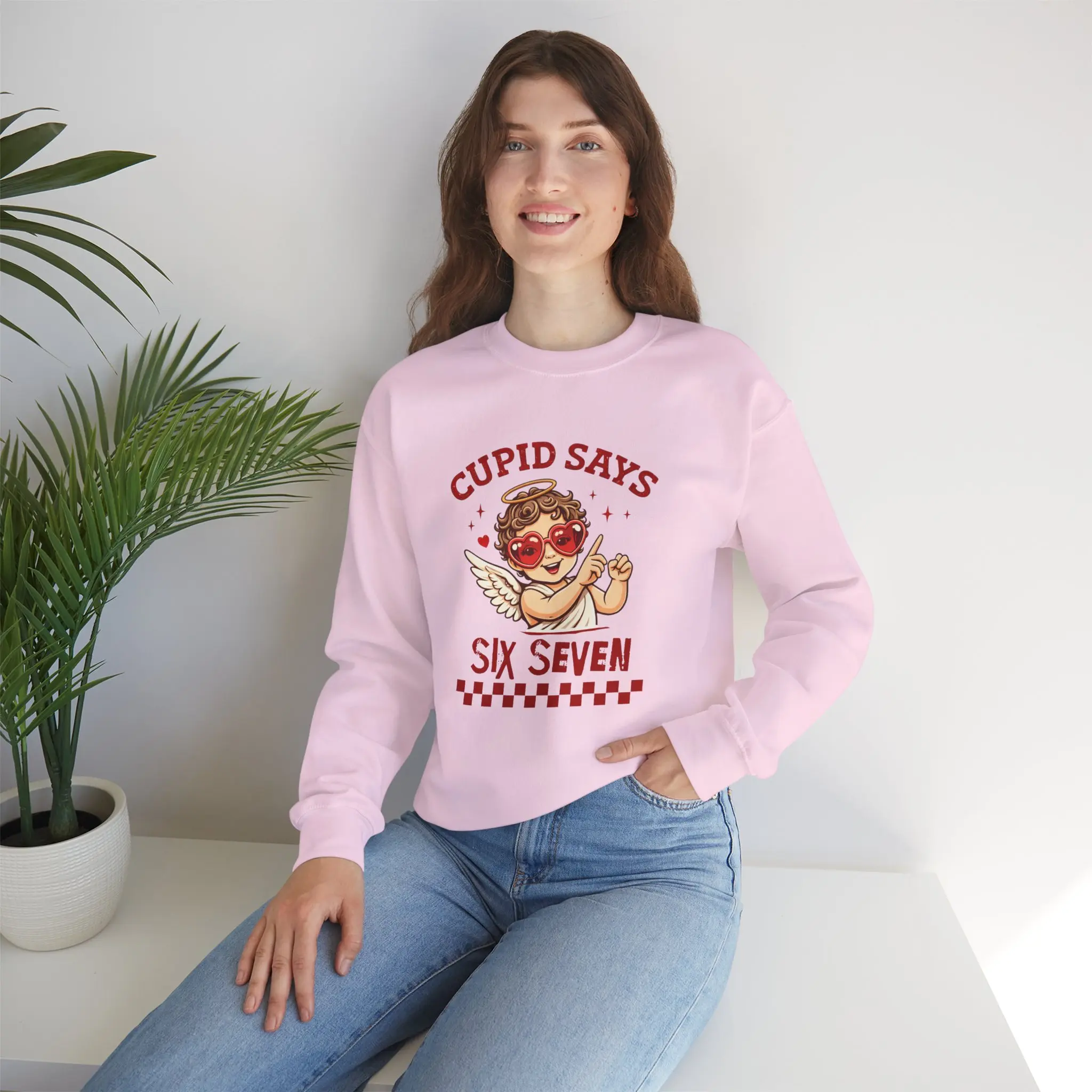 Cupid Says Six Seven Crewneck sweatshirt | Vintage Valentine cherub design