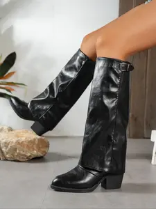 Women's Shark Lock Fold Knee Boots, Wedges High Heels, Zipper Knee-Length, Round-Toe, Designer Luxury, Classic, Plus Size, Wide Feet Friendly