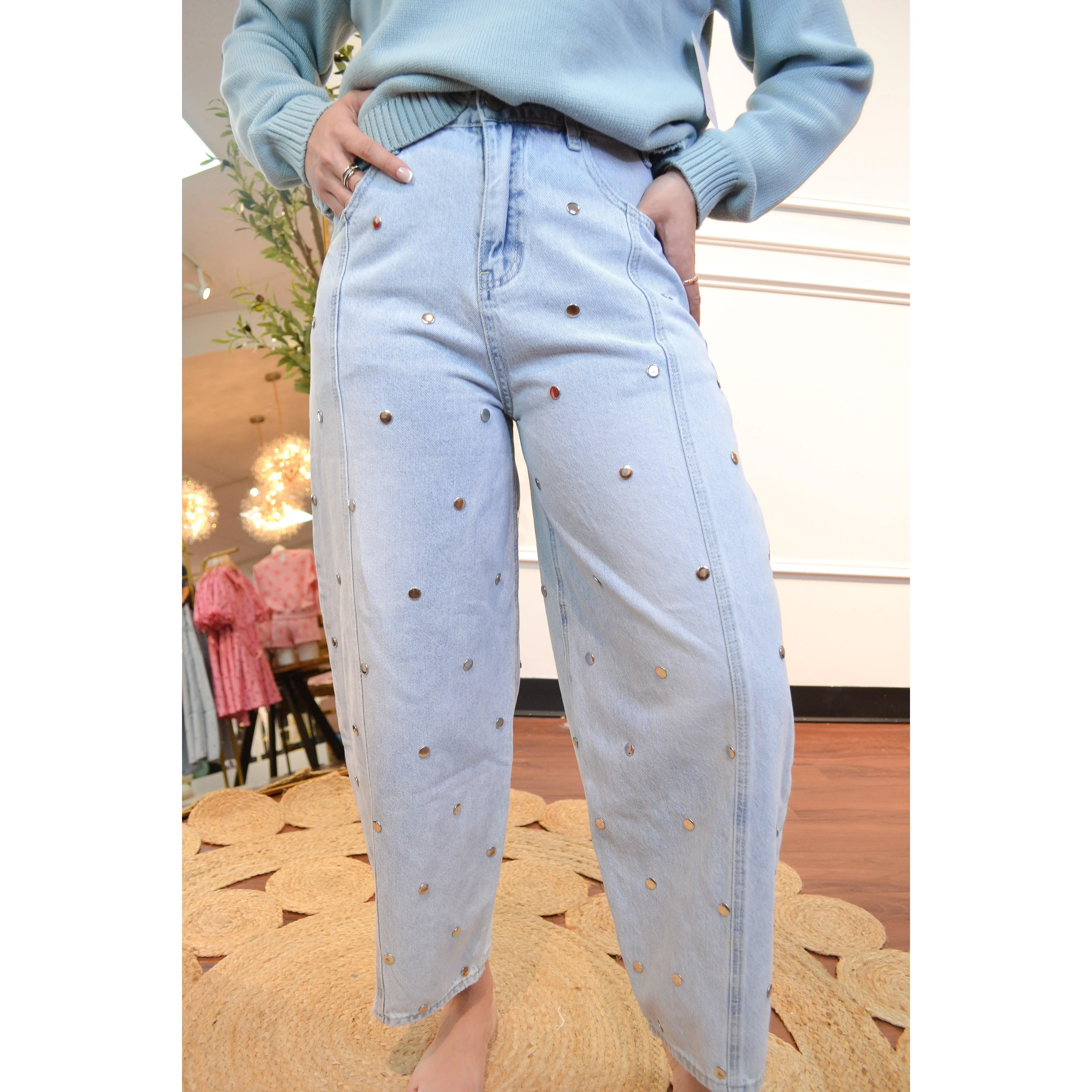 Shine On Studded Barrel Jeans By Klesis
