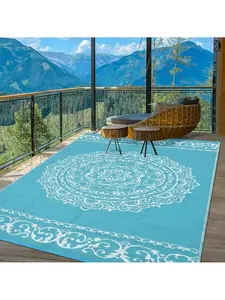 Light blue-9*12 feet Outdoor Camping Portable Area Rug Patios Plastic Straw Rug With Durable Edge Waterproof Reversible Mats Large Floor Mat For RV Trip Backyard Deck Picnic Beach Trailer Balcony Easy Setup Easy Storage Sturdy