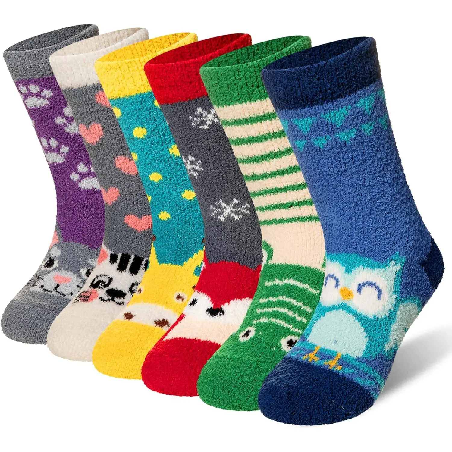 F-SOK22  Kids Fuzzy Socks Non Slip Soft Fluffy Slipper Grips Socks Warm Plush Cozy Cabin Boy Girls Crew Socks 6 Pairs