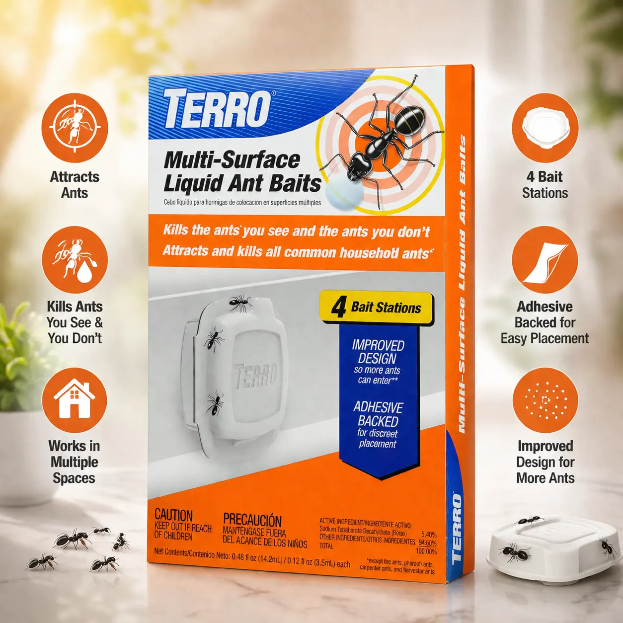 TERRO Multi-Surface Liquid Ant Baits, 4-Pack, Indoor Bait Stations for Home | Ant Trap for Discreet Baiting, Complete Colony Elimination, Discreet Ant Trap, Kills Common Household Ants, Ready-To-Use Bait Insecticide Gel Cockroach German