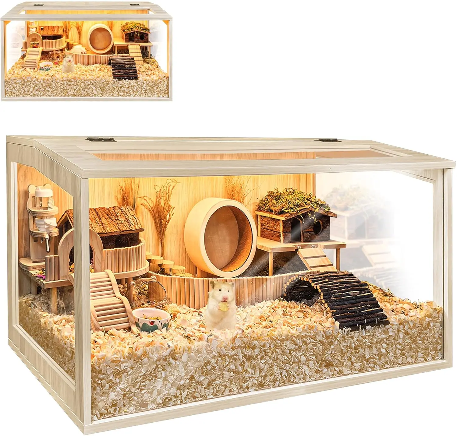 PROLEE Wood Roof Hamster Cage Chewproof, 24"L x 16"W x 16"H Inches, Large Hamster Cages and Habitats, Openable Top with Acrylic Sheets Solid Built, Access for Hamster Gerbil Mouse