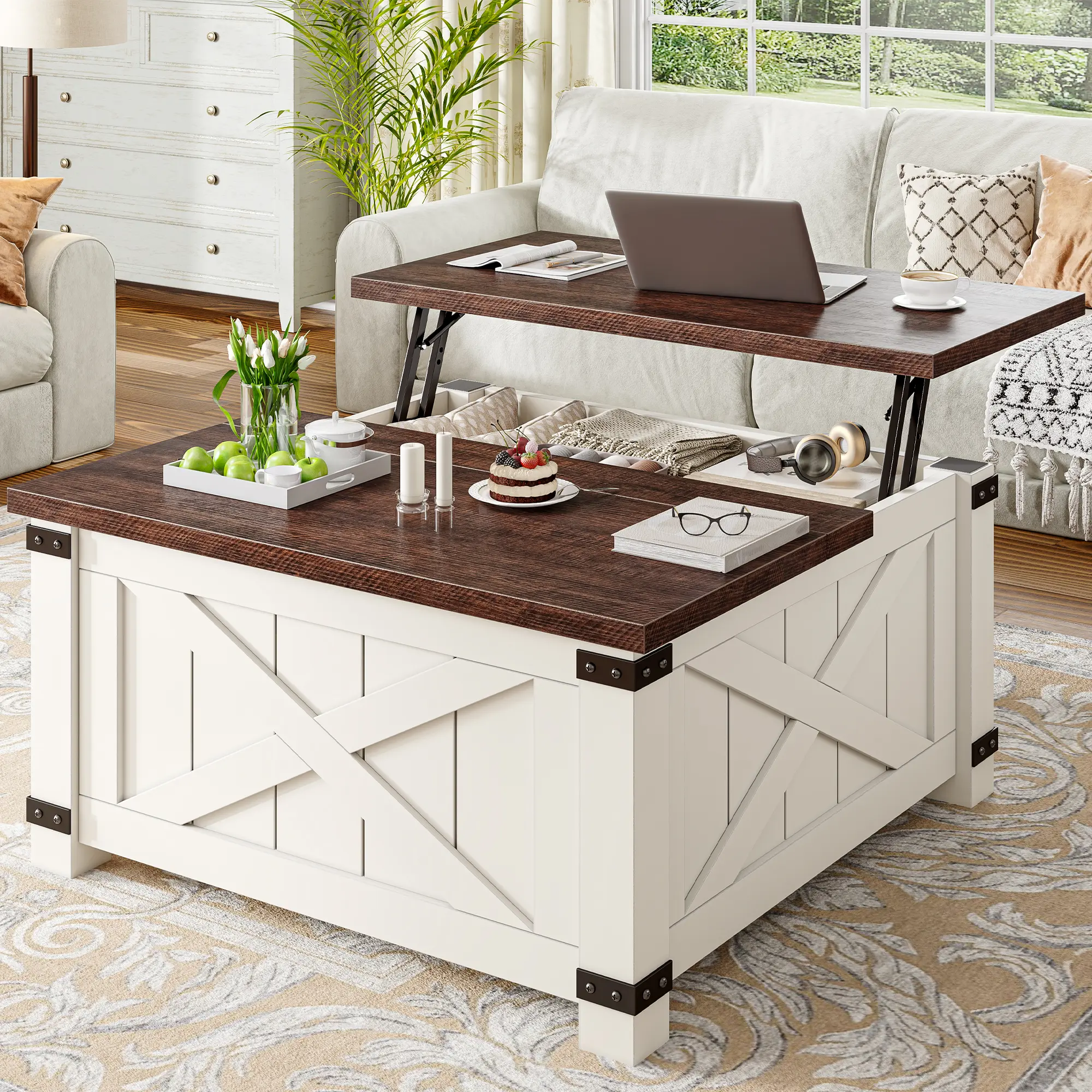 Raybee Furniture 35.6" W Lift Top Wooden Coffee Table, with Large Storage Space, Height Adjustable Farmhouse Coffee Tables for Living Room, Wood Square Coffee Table, Living Room Furniture Center Table for Home and Office