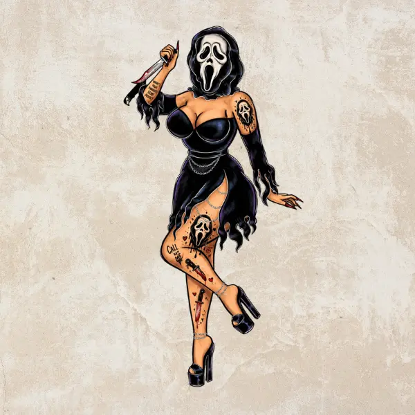 Scream Horror Pin Up Sticker, Ghostface Girl Vinyl Decal, Spooky Halloween Tattoo Style Sticker, Horror Movie Fan Gift, Creepy Gothic Car Laptop Sticker
