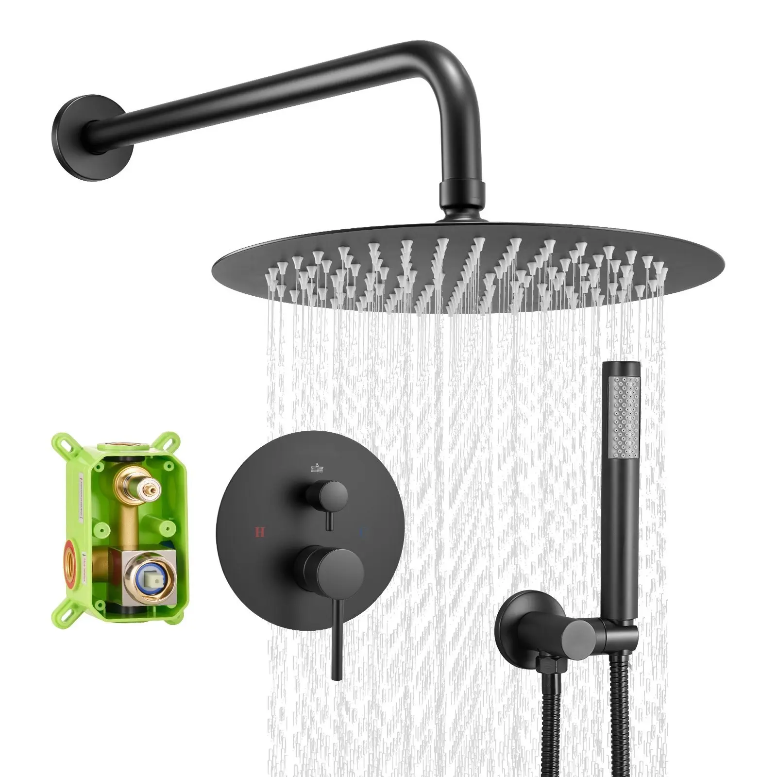 Shower Faucet Set with 10-Inch Round Rain Shower Head and Hand Shower, Matte Black Finish, Wall-Mount Mixer, Dual-Function Bathroom Faucet, Easy Installation, Temperature Control, Anti-Slip Handle, Durable Brass Construction