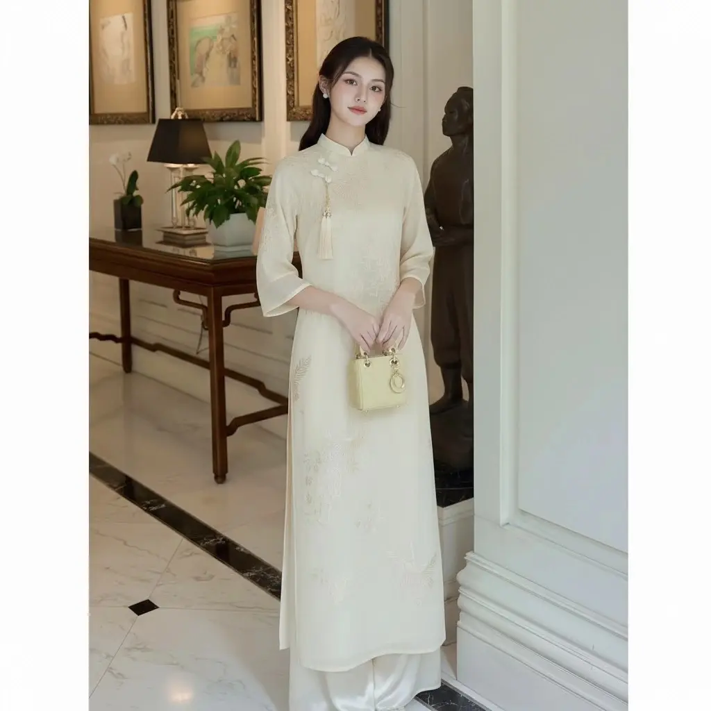 Chic Stand-Collar Brocade Ao Dai – Premium Floral Designer Outfit for Women