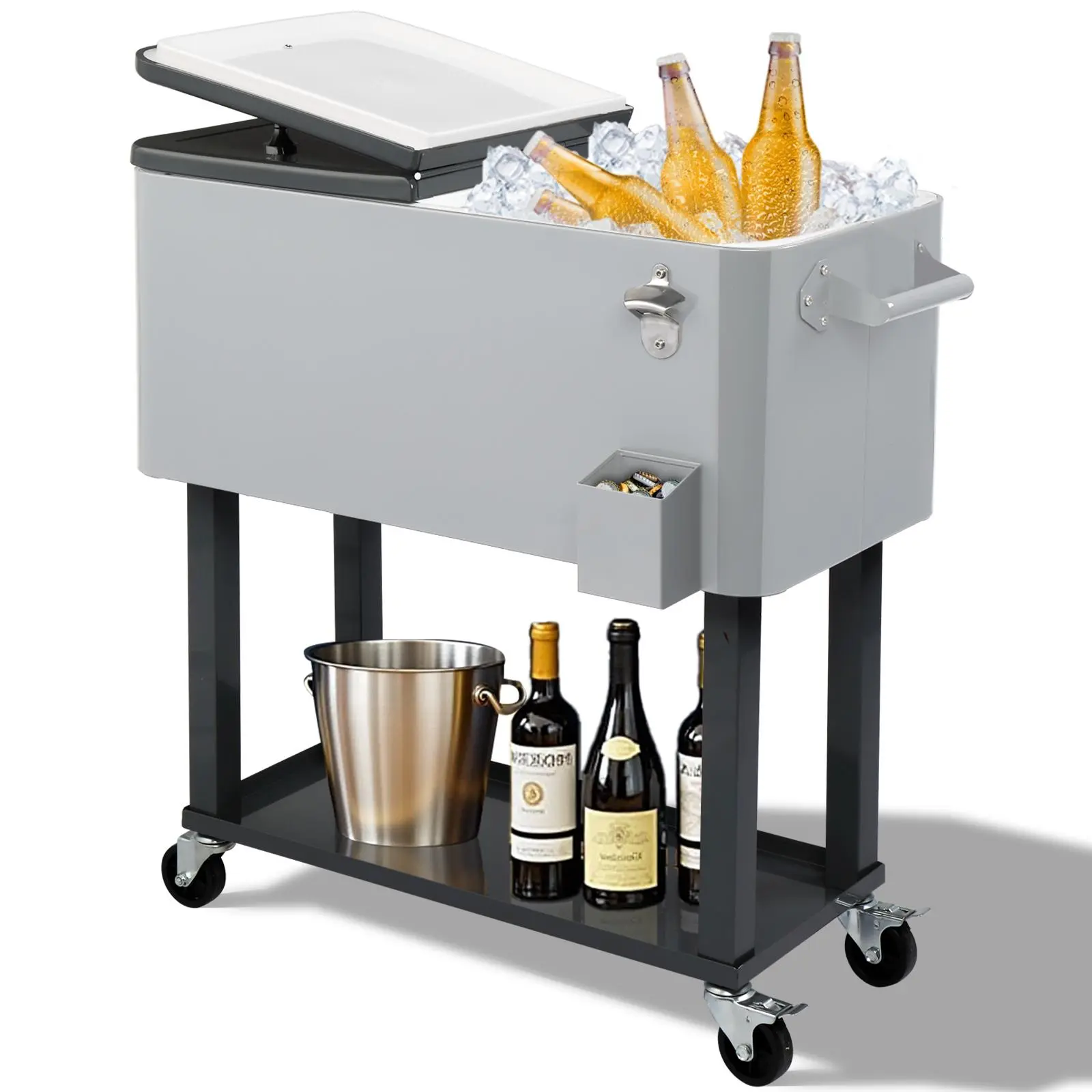 【Summervibes】UBesGoo 80 Quart Patio Cooler Rolling Cooler Ice Chest with Shelf, Wheels and Bottle Opener, Portable Patio Party Drink Cooling Cart