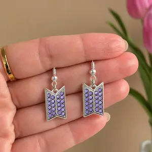 Women's Kpop Y2K Purple Rhinestone Geometric Dangle Earrings — Hypoallergenic Silver Drop Jewelry — Lightweight Concert Outfit Accessories — The Perfect Fan Gift for Her Bestie