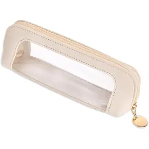 Small Clear Makeup Bag, PU Leather Travel Makeup Brush Case Portable Transparent   Organizer Pouch with Zipper for Women Home Travel Office Makeup Storage (White)