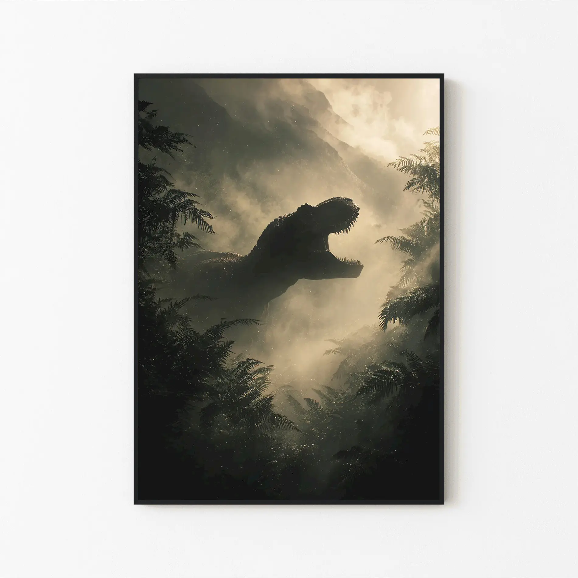Unframed Print Only - Roaring T-Rex in Misty Jungle Poster, Prehistoric Dinosaur Wall Art, Monster Decor Print