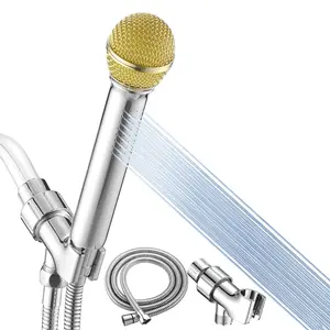 High Pressure Microphone Shower Head Complete Set - Handheld Shower with Metal Holder, Hose, Tool-Free Installation, Ideal Birthday Gift for Music Lovers, Gold+Chrome Finish