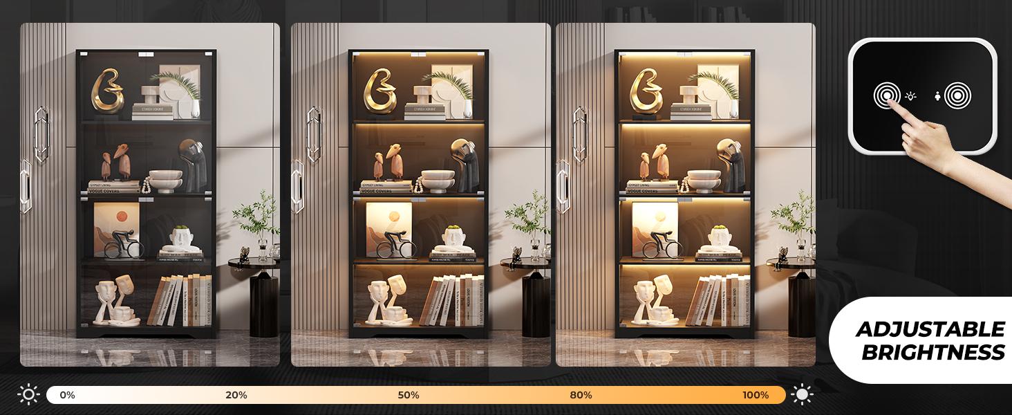 MIIFUNY Display Cabinet with Glass Doors, Storage Cabinet with 3 Color Light, 4-Tier Curio Cabinet&Bookcase for Collectibles, Toys, Books, for Playroom, Bedroom, Study Room, Black