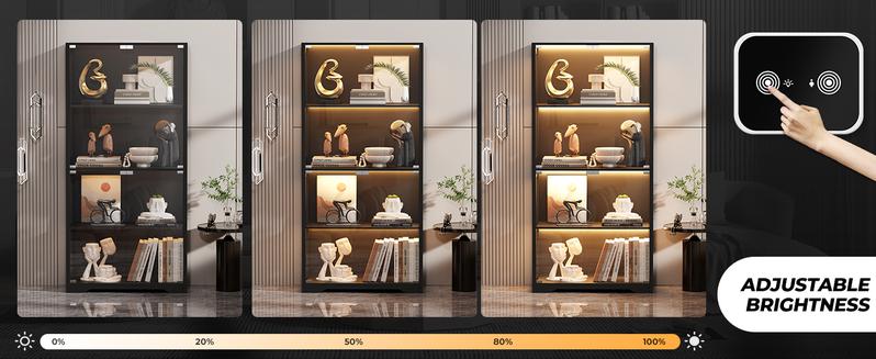 MIIFUNY Display Cabinet with Glass Doors, Storage Cabinet with 3 Color Light, 4-Tier Curio Cabinet&Bookcase for Collectibles, Toys, Books, for Playroom, Bedroom, Study Room, Black