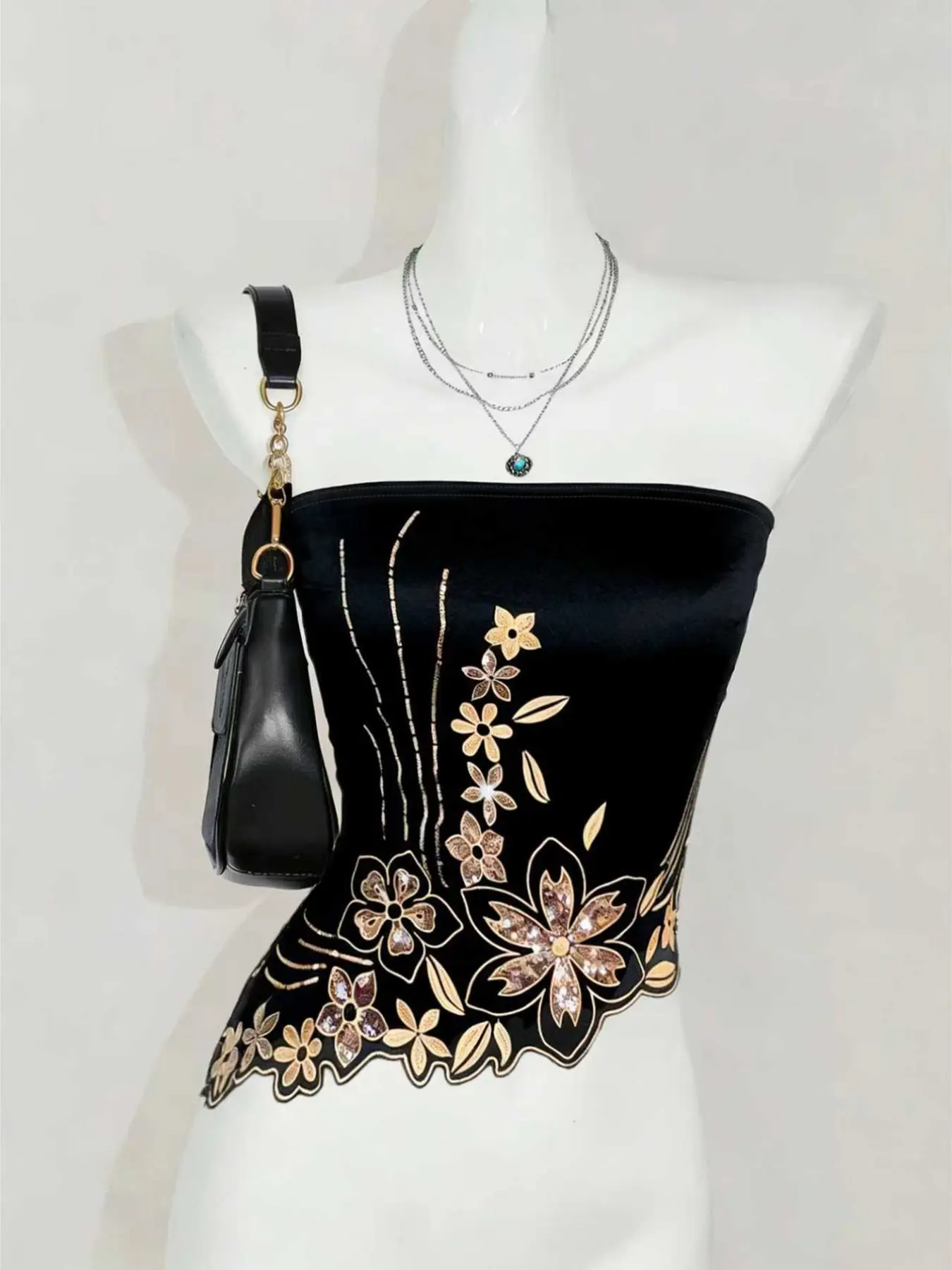 Women's Floral Sequin Tube Top, Asymmetrical Hem Sleeveless Backless Sequins Cami Vest, Slim Fit, Elegant Style, Elegance, Perfect for Parties and Dates, Fashion