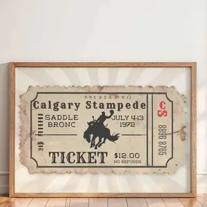 Vintage Rodeo Poster, Retro Calgary Stampede Ticket, Western Cowboy Print, Rodeo Bronc Rider, Bar Cart Decor, Physical Wall art for him