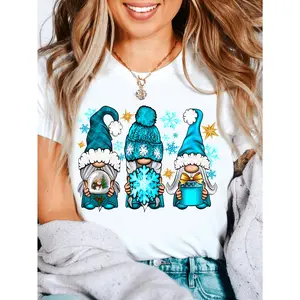 Casual Short Sleeve TShirt Featuring Festive Gnome and Snowflake Print for Women