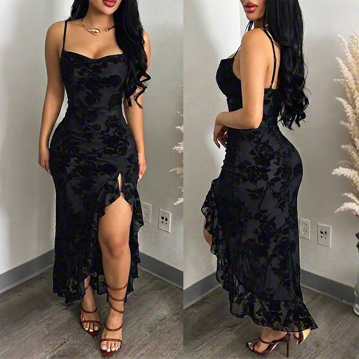CHICME Women's Vintage Flocking Floral Maxi Dress Sexy Cowl Neck Cami Dress High Slit Backless Bodycon Evening Gown