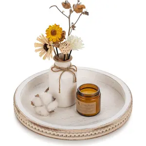 Round Wooden Decorative Tray, White Beaded Centerpiece for Coffee Table, Rustic Style Kitchen Countertop Living Room Decor, Smooth Splinter-Free Finish, Sturdy Secure Beading, Versatile Farmhouse Accent, Summer Home Refresh, Mother's Day Gift Idea