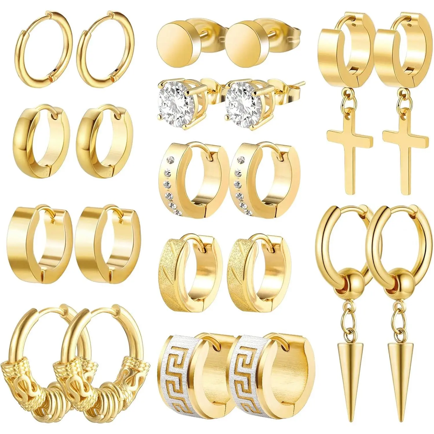 Men Earrings,  11 Pairs Stainless Steel Small Hoop Earrings  Dangle Earrings Set, Fashion Huggie Earrings Piercing Jewelry for Party Birthday