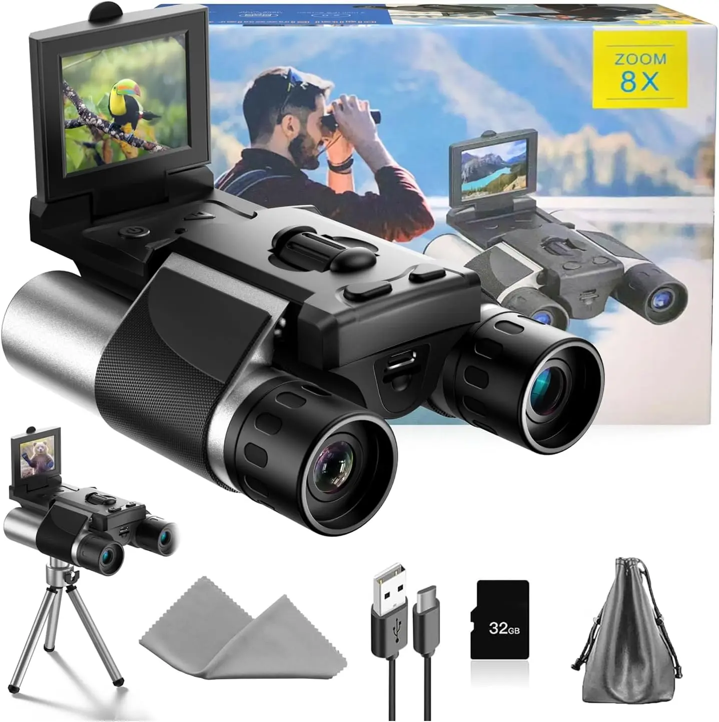 S555 Digital Binoculars with Camera - 8X Digital Zoom, 2" LCD Display, 40MP Camera, 2.5K Videos, 32GB SD Card - Ideal for Bird Watching, Outdoor Adventures