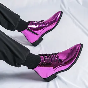 Men Shiny High Top Pointed Toe Lace Up Shoes Solid Color Breathable Business Party Dress Shoes