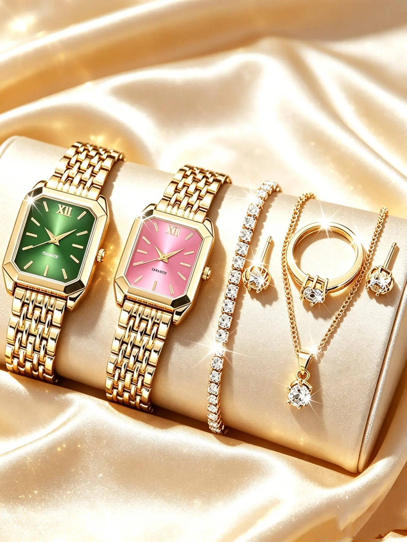 6pcs Luxury Classic Rectangular Watch Set for Women, Alloy Strap, Sparkling Rhinestones, Elegant Analog Quartz Watch, All Seasons
