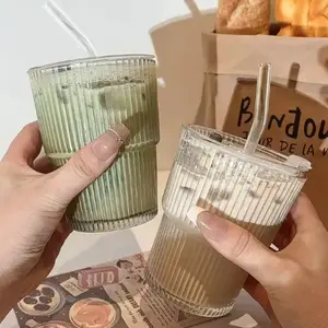 Two-Piece Vertical Stripe Glass Cups, Coffee Cup with Lid and Straw, Home Use Iced Americano Water Bottle, Latte Beverage Glasses