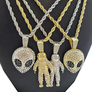 Astronaut & Alien Cubic Zirconia Iced Pendant & 4mm 24" Rope Chain Hip Hop Necklace Jewelry