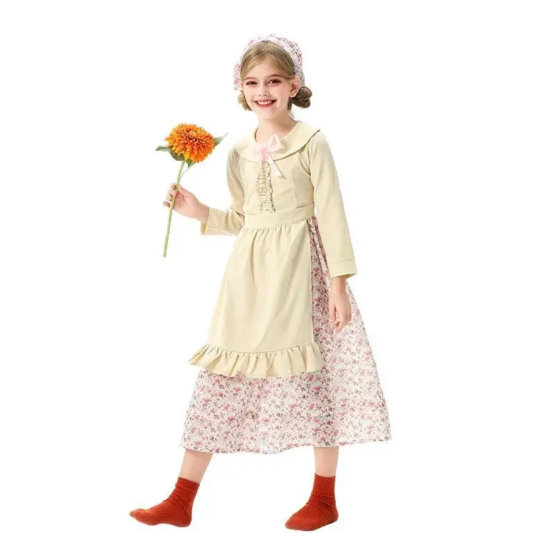 Girls' High-Quality Polyester Storybook Grandma Costume - Pastoral Floral Dress with Apron and Headwear, Moderate Fit for Halloween Cosplay, Sizes 110cm-150cm