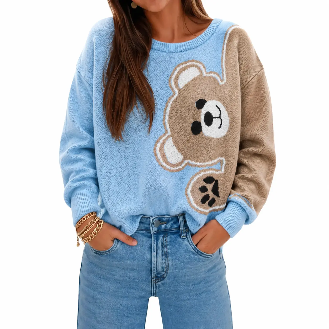 Women Regular Fit Crew Neck Two Tone Big Cartoon Teddy Bear Graphic Knit Sweater Contrast Color Cute Kawaii Print Soft Casual Fall Winter Knit Pullover Top