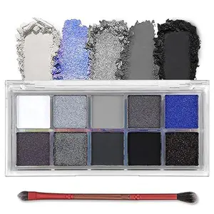 Matte Shimmer Glitter Eyeshadow Palette - Ultra-Blendable, High Pigmented, Black, Gray, Blue, Smokey, Professional Brush, Cosmetic