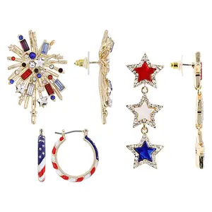 JTV Multi-Color Acrylic Gold Tone Patriotic  Earring Set of 3
