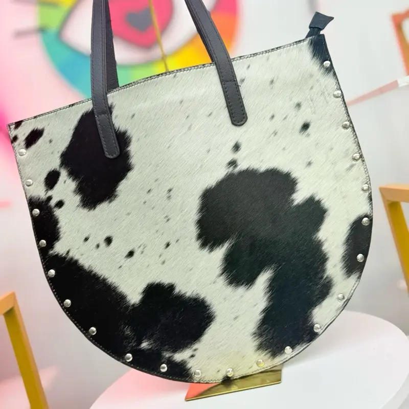 Luxury Black & White Cow Print Genuine Leather Tote Bag – Hair-On Hide Shoulder Bag with Studded Details