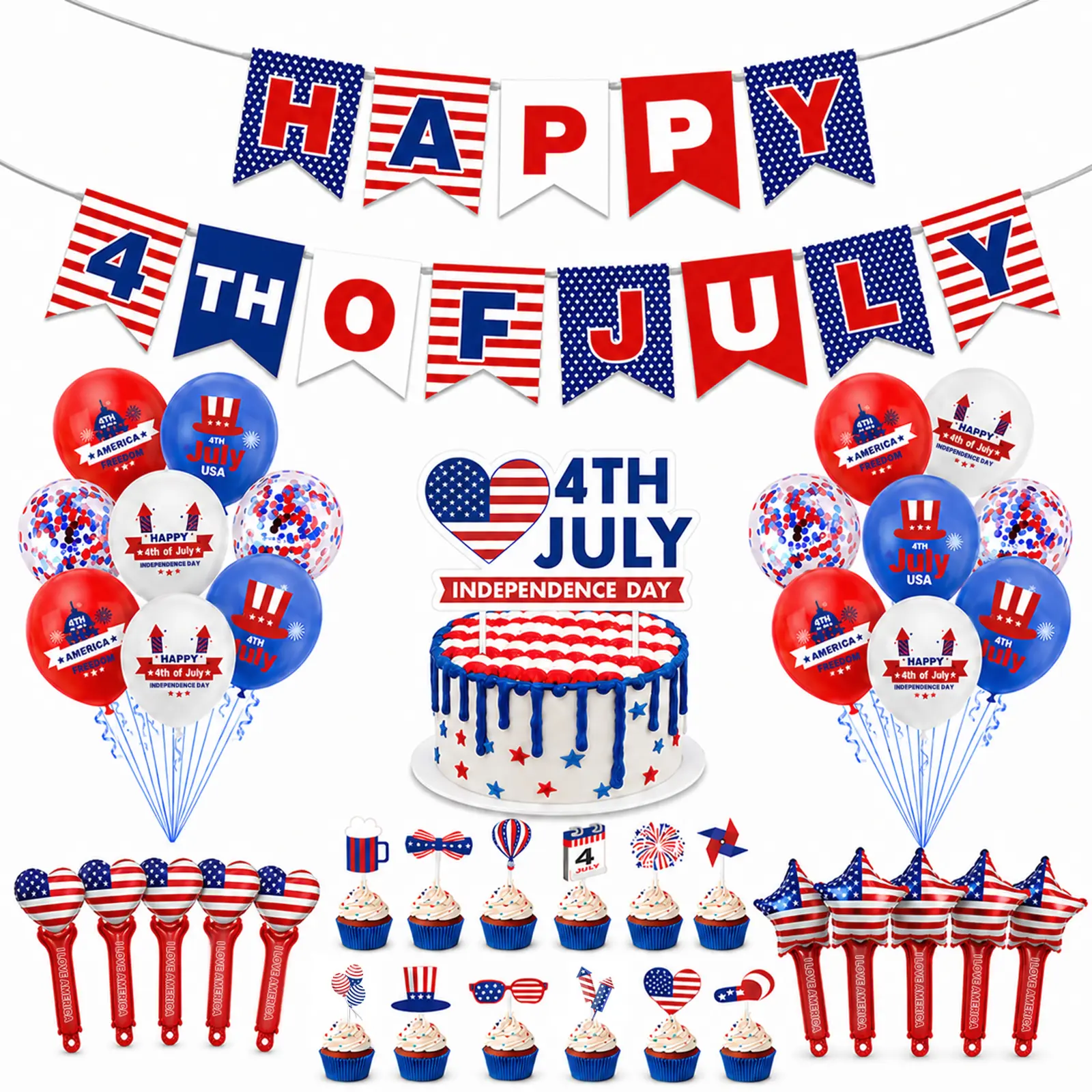 Birthday holiday balloons Decorations , Red White Blue Patriotic Party Supplies Banner Balloons Cake Toppers 10Pcs Noisemakers