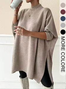 Women's Loose-Fitting Low Neck Knit Pullover Sweater Knitwear, Long Sleeve Split Hem, Casual Fall & Winter Fashion, Perfect for Daily Wear