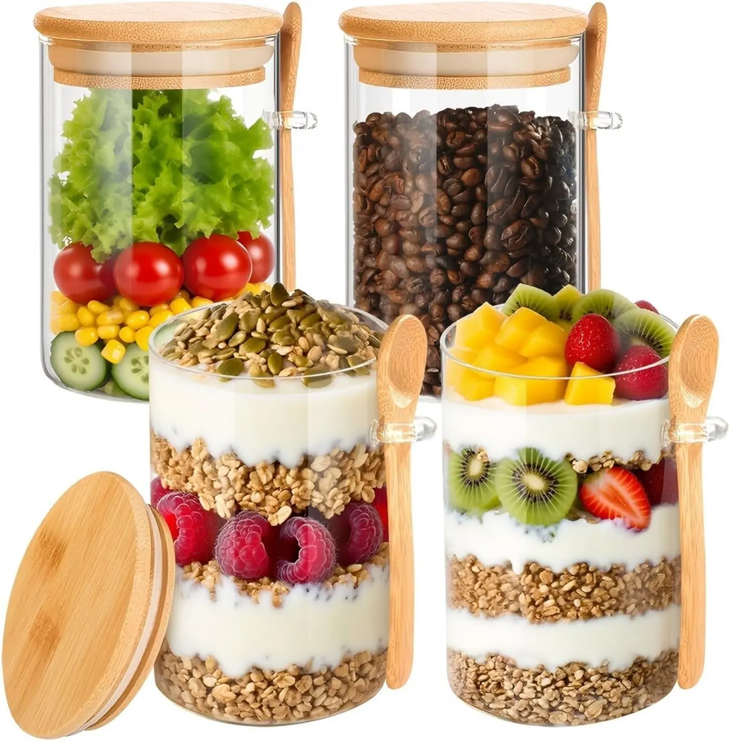 4Pakc Overnight Oats Containers with Lids and Spoons 16 oz Glass Mason Jars Meal Prep for Oatmeal Cereal Yogurt Chia Pudding Food Storage