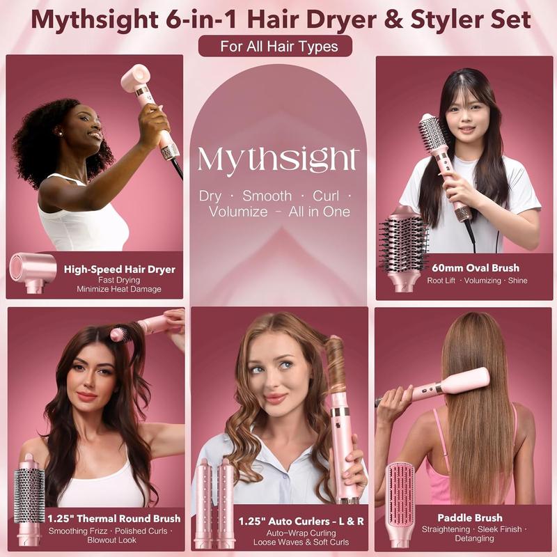 Mythsight StyleVibe 6-in-1 Hot Air Styler, High-Speed Air Auto Wrap Curler, Volumizing Styling Blower Brush, Hair Blow Dryer Brush with Travel Case, Smooth & Frizz-Free Blowout No Heat Damage, Perfect Present for Valentine Women Family Friend Gift