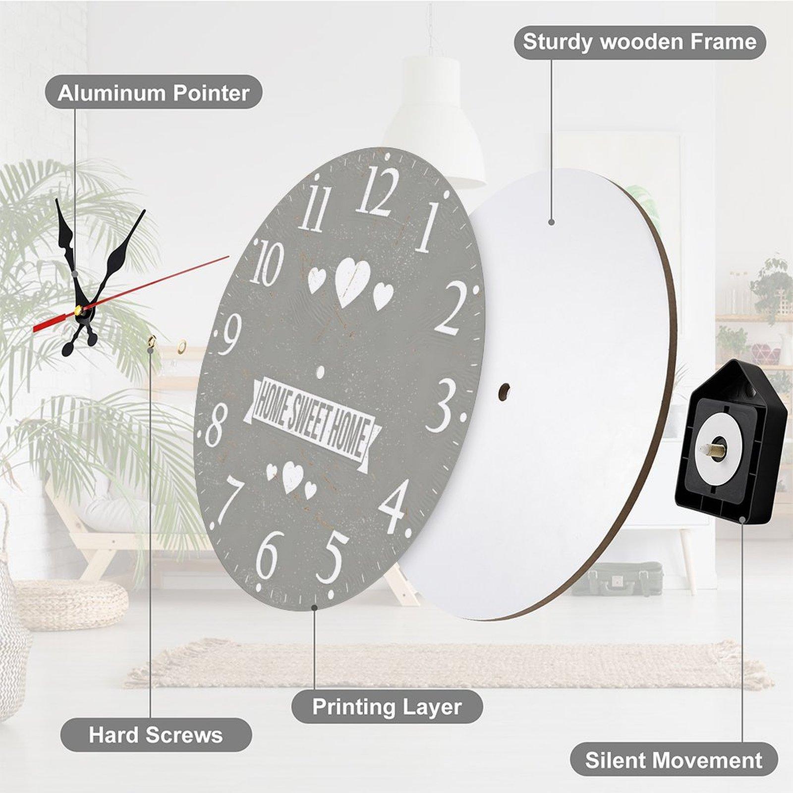 Grey Home Sweet Home Wooden Wall Clock |12 Inch Silent Sweep Movement Heart Design for Living Room, Bedroom, Entryway Decor,  Battery Not Included