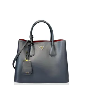 Pre-owned PRADA Leather tote bags Medium Double Bag Saffiano Calfskin Dark Blue (qy012626h7)
