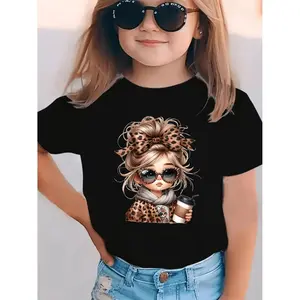 [Girls' Cartoon T-Shirt] Summer Fashion Short-Sleeve T-Shirt for Girls - Cartoon Design Little Girl with Leopard Print Bow And Glasses Holding Milk Tea - Versatile Casual Top