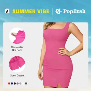 Popilush 8-in-1 Shapewear Square Neck Mini Dress Wide Straps Built-In Bra Thigh Slit Tummy Control Going Out Breathable Body Shaper Womenswear