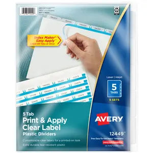 Avery 5 Tab Plastic Dividers for 3 Ring Binder, Easy Print & Apply Clear Label Strip, Index Maker Customizable Frosted White Tabs, 5 Sets (12449)
